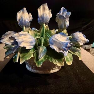 Capodimonte Style Vintage Blue and Green Ceramic Floral Arrangement